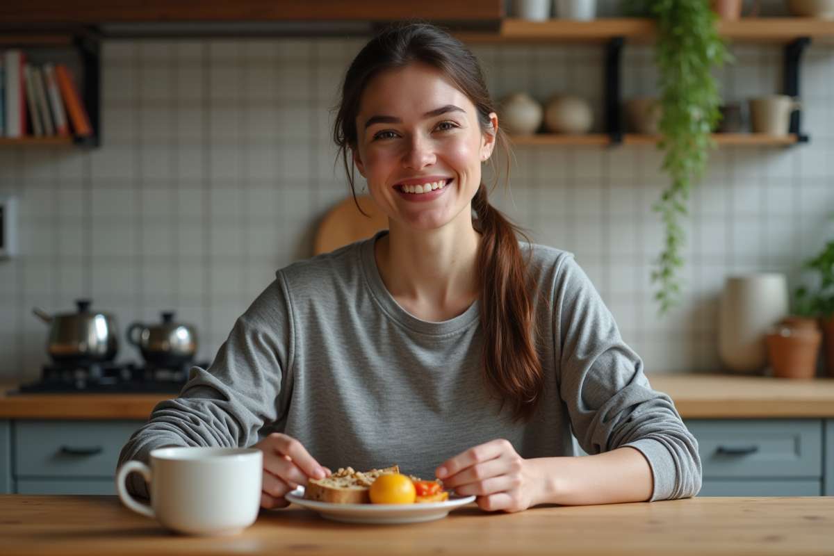 Femme en cuisine préparant des fruits frais et noix