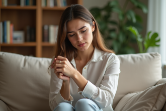 Jeune femme examine sa peau dans un salon calme