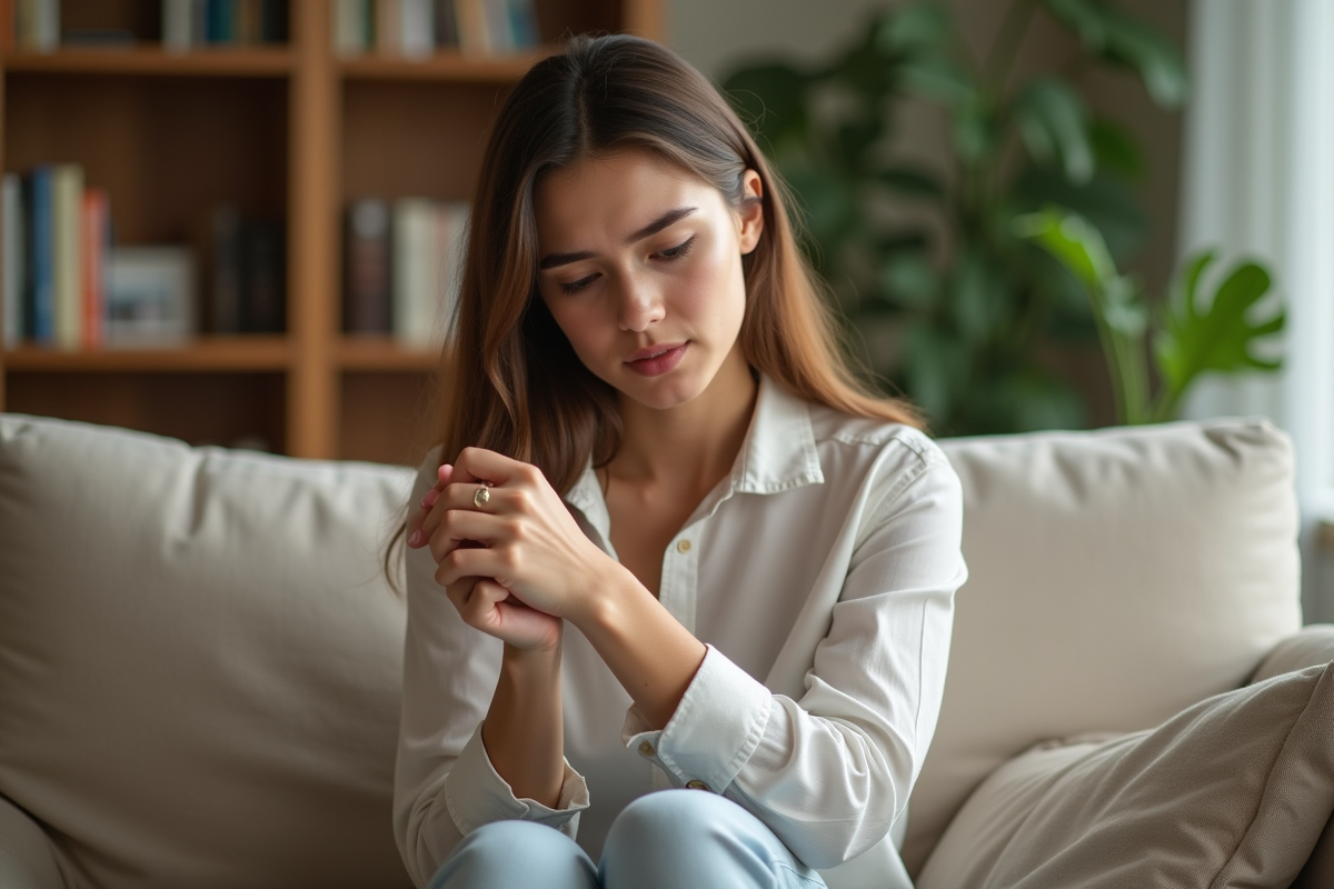 Jeune femme examine sa peau dans un salon calme