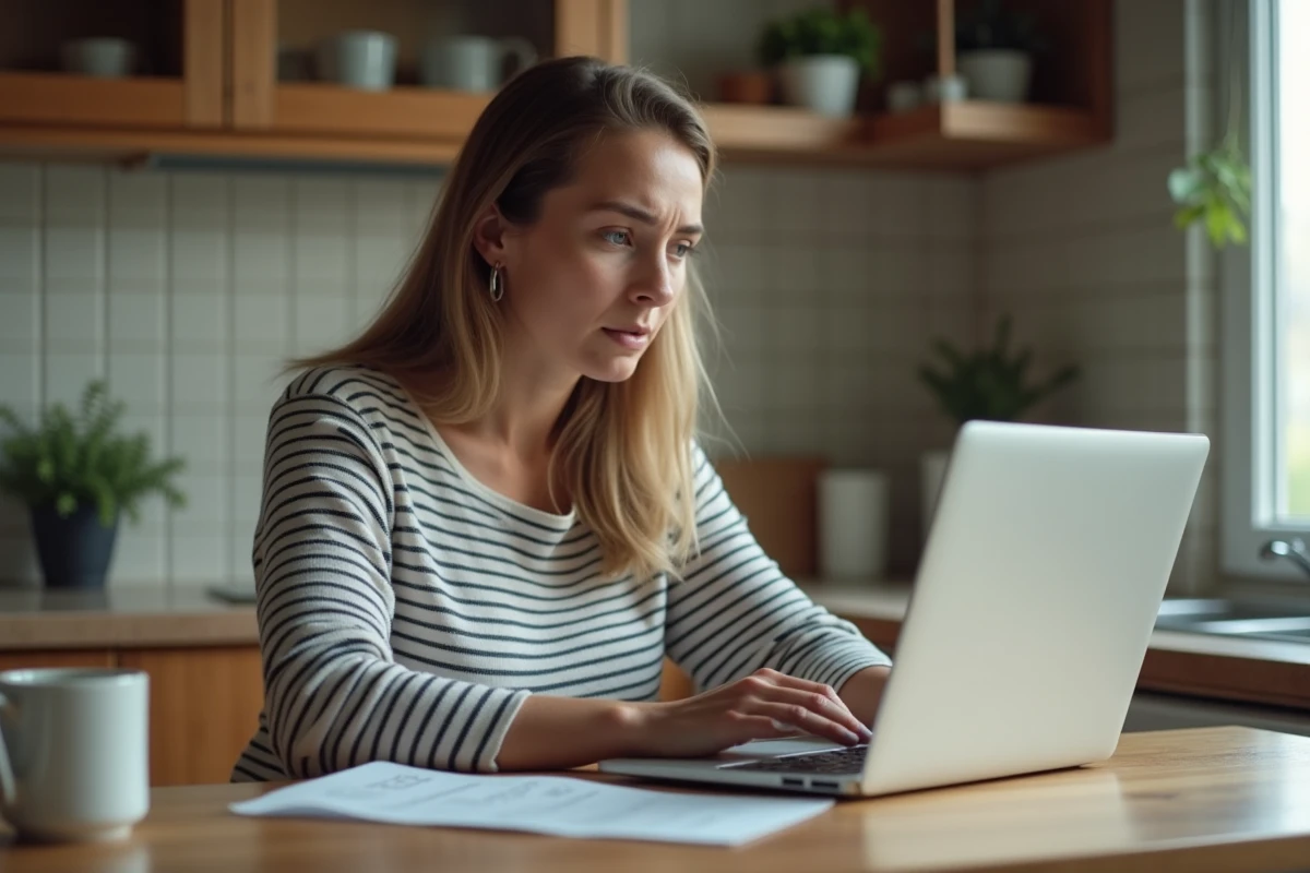 Femme consultant des informations sur les transaminases SGOT élevées sur un ordinateur portable avec ses résultats d'analyses à côté