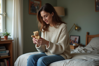 Femme pensant avec un jouet d'enfance dans la chambre