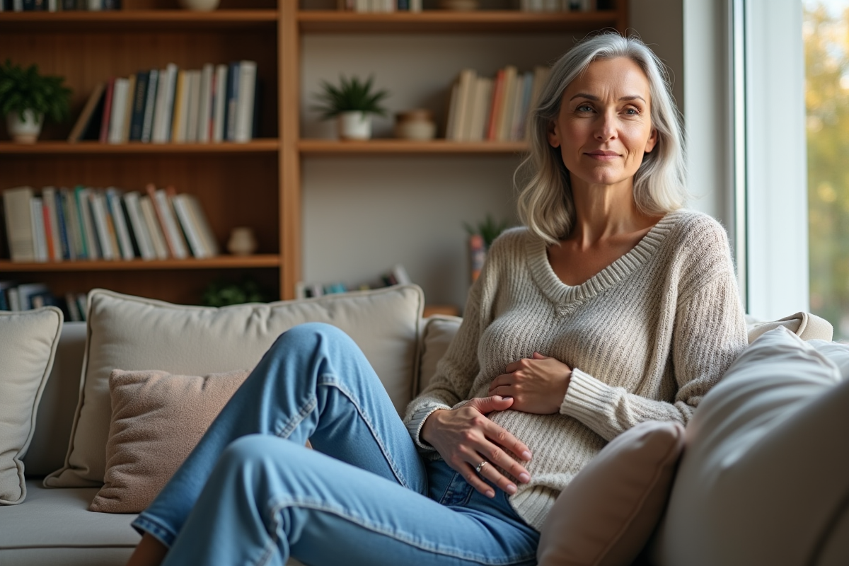 Femme contemplative assise dans un salon cosy