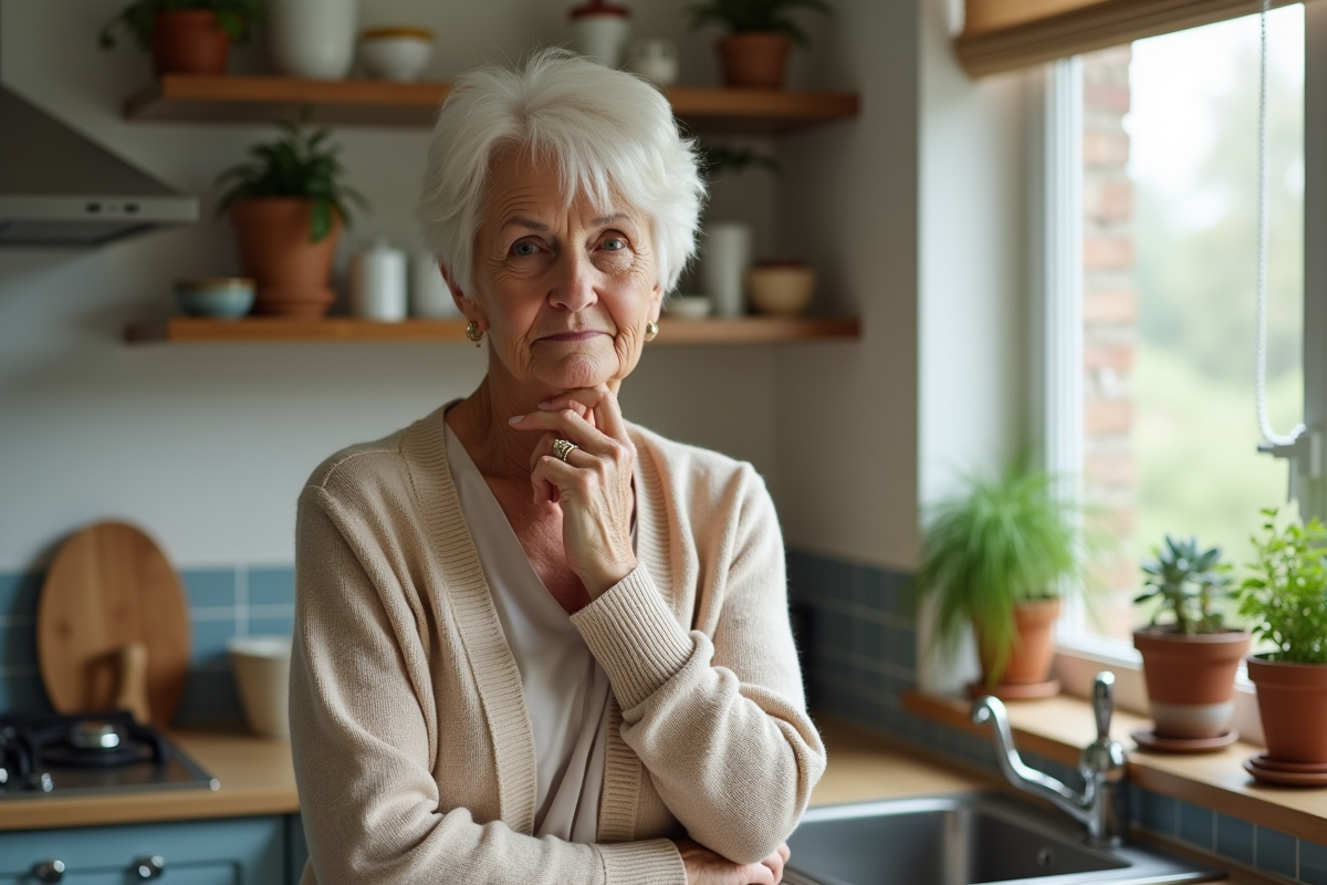 Femme âgée pensive dans sa cuisine