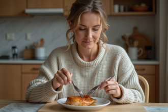 Femme assise à table dégustant un poulet rôti dans une cuisine moderne