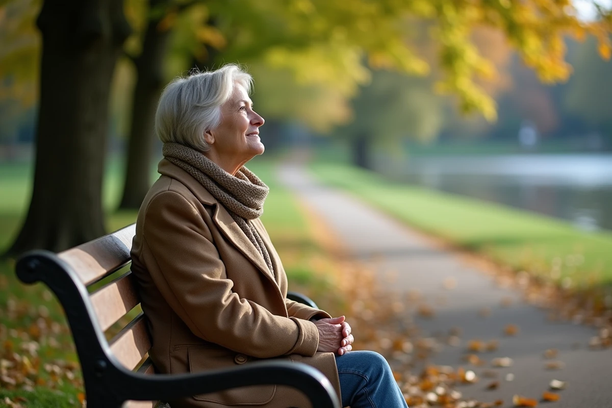 Femme assise sur un banc dans un parc calme