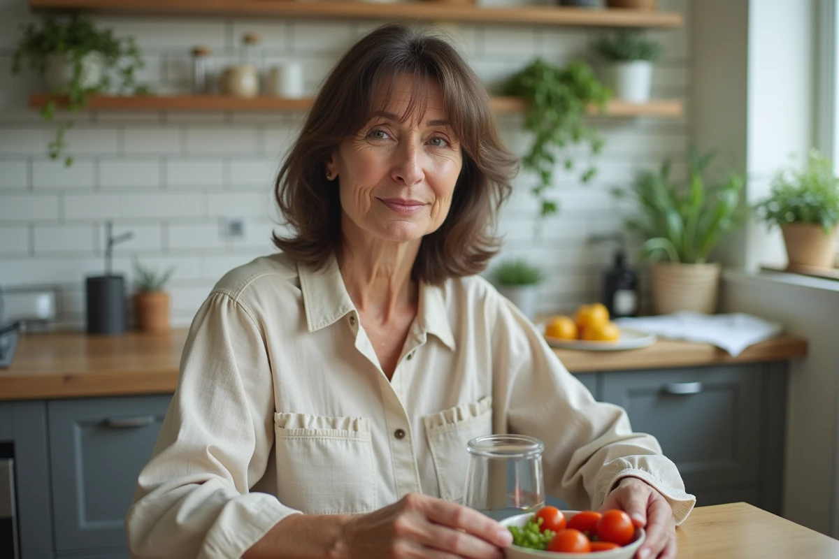 Femme méditative dans une cuisine lumineuse avec légumes frais