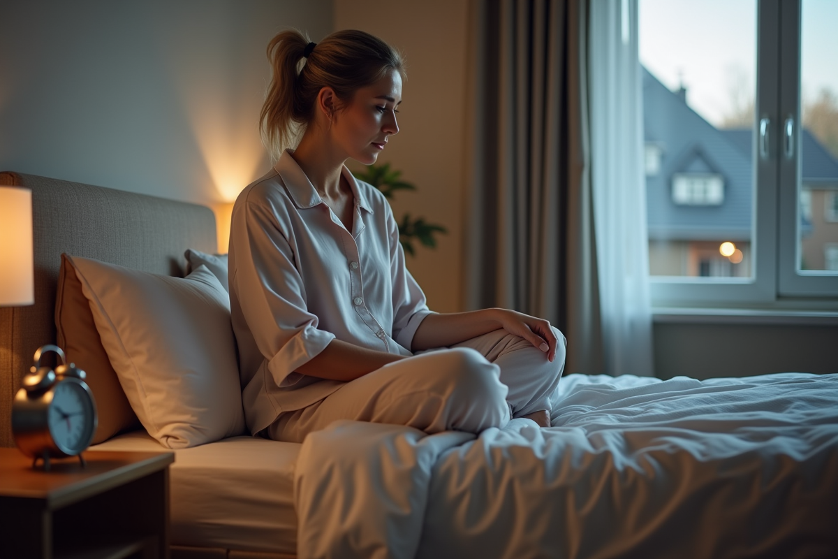 Femme en pyjama réglant son réveil dans la chambre