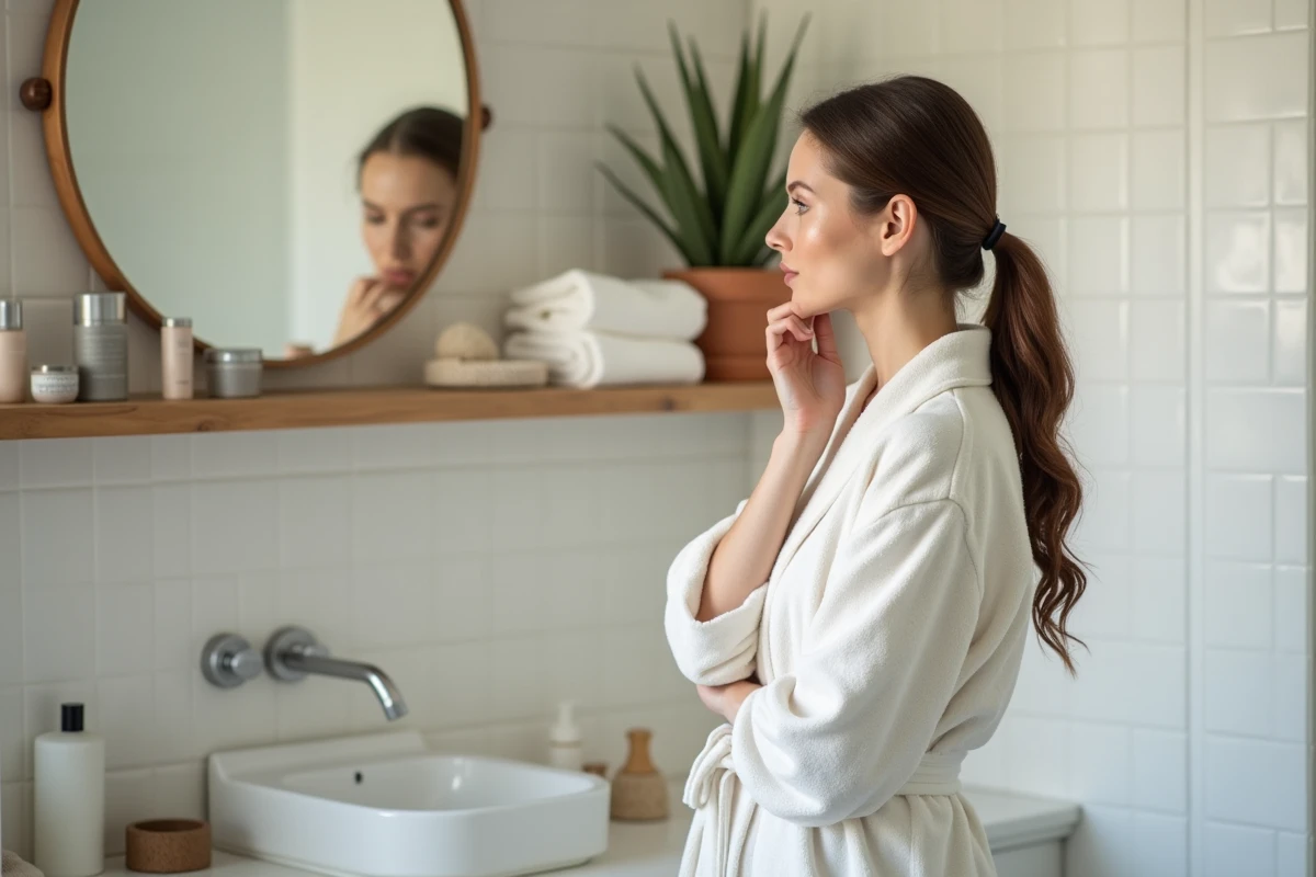 Femme en robe de bain dans une salle de bain moderne réfléchissant à sa santé intime devant un miroir