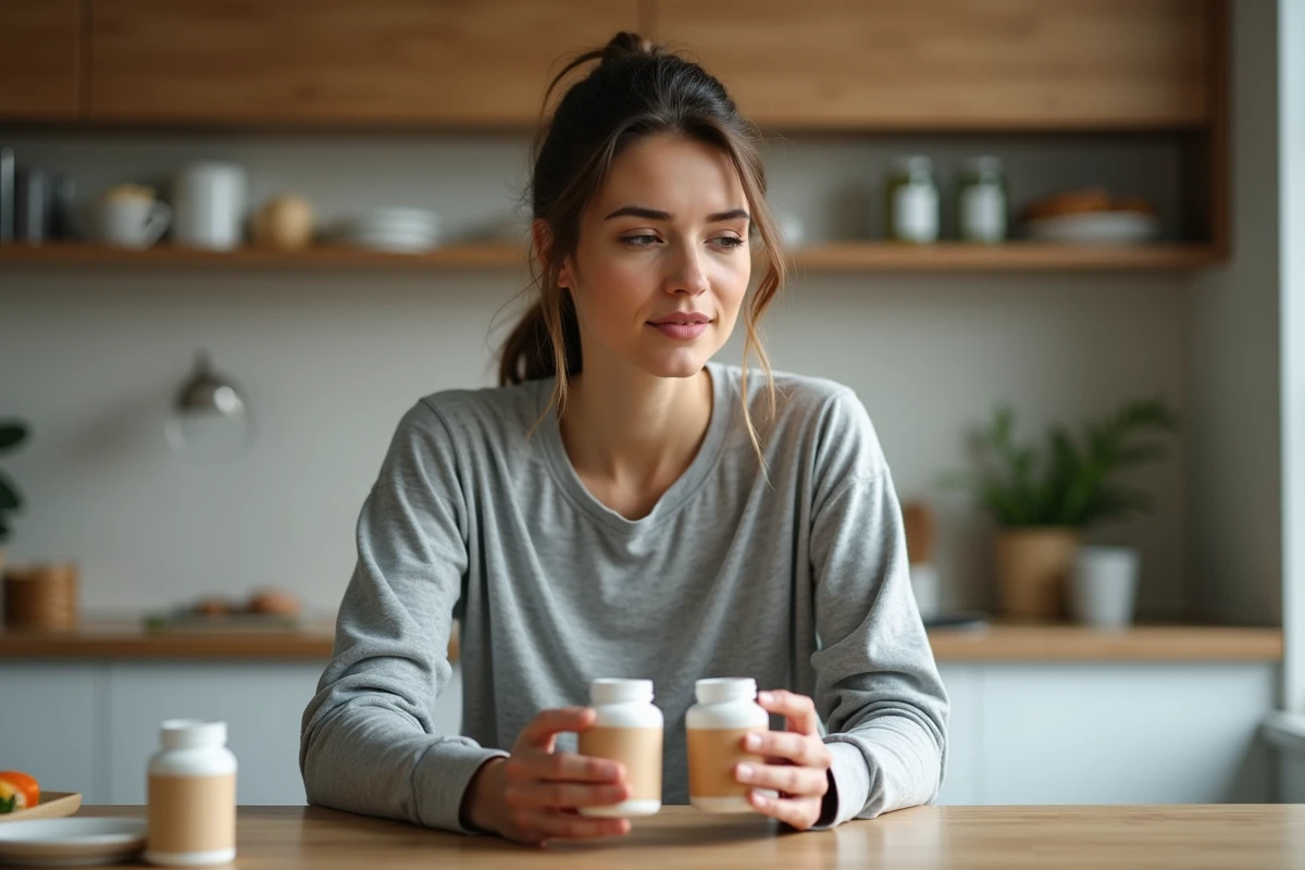 Femme en athleisure tenant des compléments alimentaires