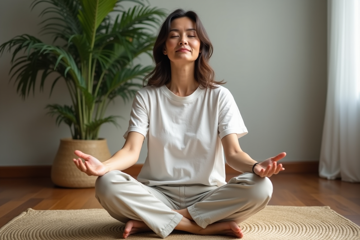 Femme assise en méditation dans un studio calme