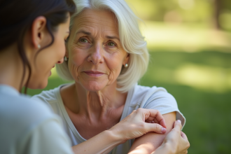 Femme senior examinant une irritation cutanée rouge sur le bras