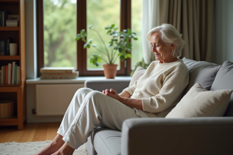 Femme senior assise regardant ses jambes gonflees dans un salon cosy