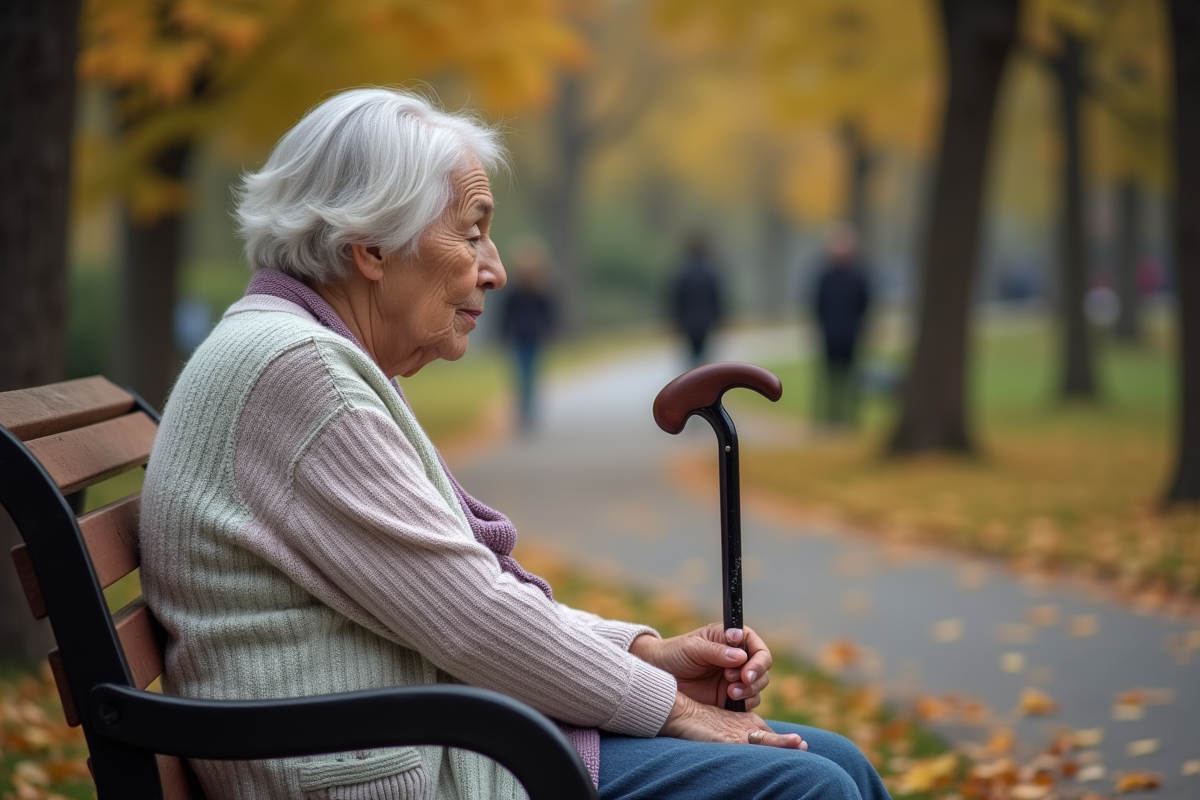 Femme âgée assise sur un banc dans un parc automnal