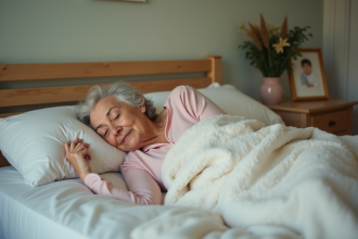 Femme âgée dormant paisiblement dans un lit douillet