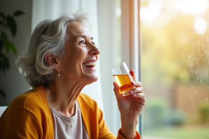 Femme senior souriante prenant vitamine D3 au soleil