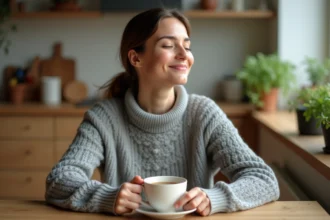 Femme sereine tenant une tasse de tisane dans une cuisine chaleureuse, illustrant le soulagement des symptômes du syndrome de l'intestin irritable grâce aux probiotiques