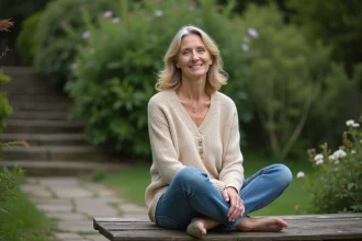 Femme calme assise dans un jardin paisible