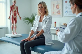 Femme en consultation médicale touchant son genou