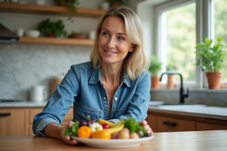 Femme souriante en cuisine avec fruits et légumes