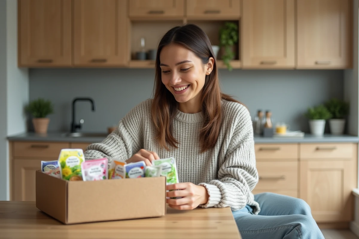 Femme souriante découvrant un coffret repas sains à la maison