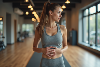 Femme en sport marche dans une salle de sport