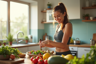 Femme souriante en sport préparant une salade saine dans une cuisine lumineuse