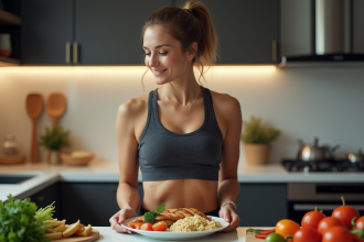 Femme sportive préparant un repas sain dans une cuisine moderne