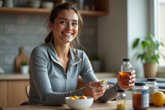 Femme sportive souriante avec compléments alimentaires