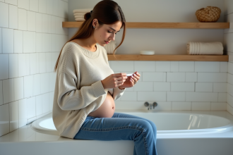 Femme assise dans la baignoire avec test de grossesse