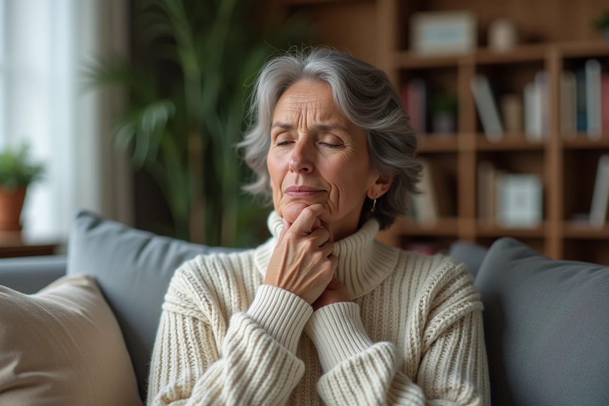 Femme en sweater se tenant la gorge lors d'une toux