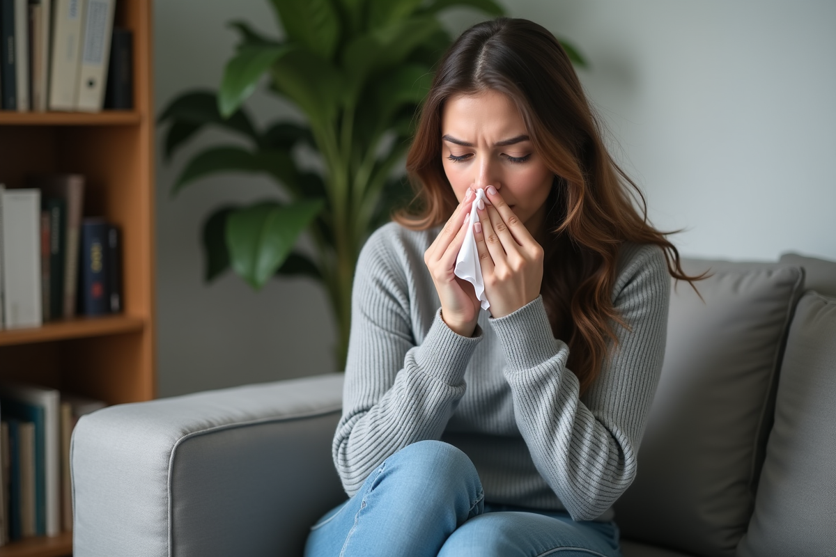 Femme qui tousse dans un salon calme et moderne