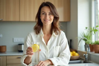 Femme tenant un verre d'eau citronnée dans une cuisine moderne, illustrant un mois sans alcool et ses bienfaits sur le foie