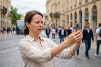 Femme d'une quarantaine d'années plissant les yeux devant son téléphone dans une rue piétonne du centre-ville de Bordeaux, illustrant une baisse soudaine de la vue