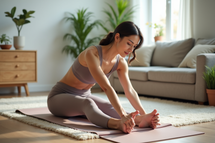 Femme en yoga dans un salon lumineux et moderne