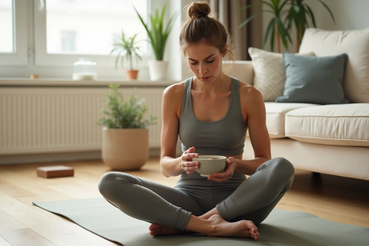 Femme sportive avec un bol de pudding de chia sur un tapis de yoga, symbolisant les erreurs dans l'usage des coupe-faim naturels