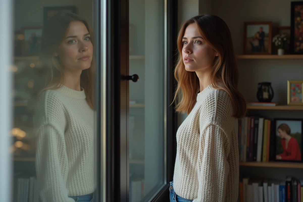 Fille adulte regardant par la fenêtre avec reflet en arrière-plan