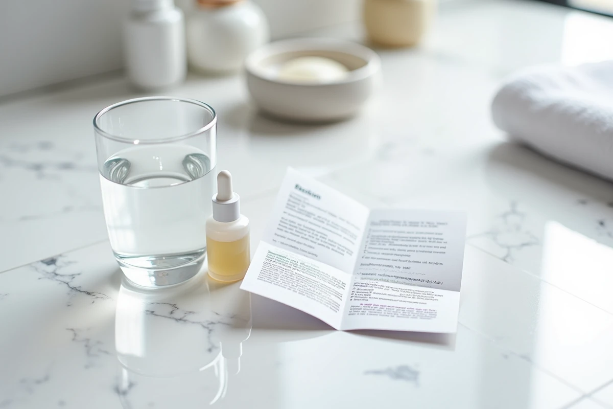Flacon de médicament en gouttes, notice pharmaceutique avec tableau de posologie et verre d'eau sur marbre blanc