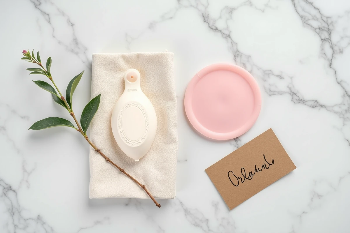 Vue de dessus d'un disque menstruel et d'une coupe menstruelle côte à côte sur un comptoir en marbre blanc minimaliste