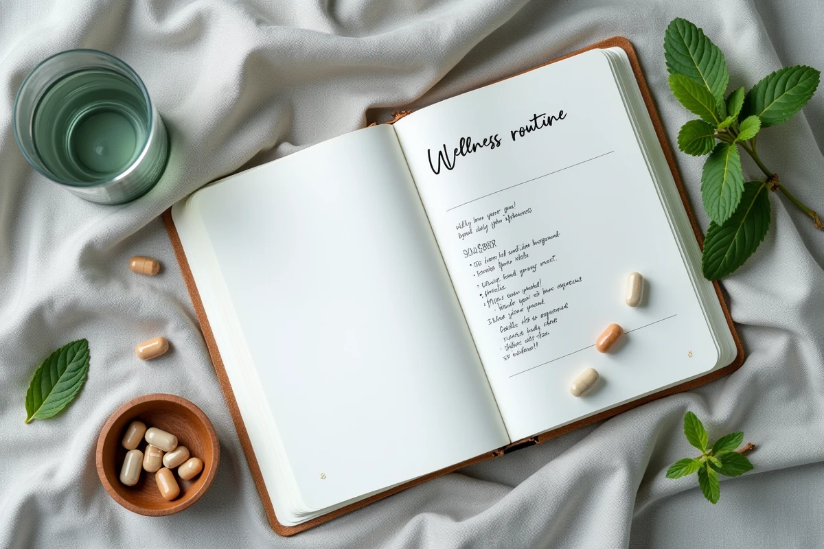 Vue de dessus d'un rituel bien-être avec probiotiques, eau, menthe fraîche et journal de santé sur lin gris, illustrant la gestion quotidienne du syndrome de l'intestin irritable