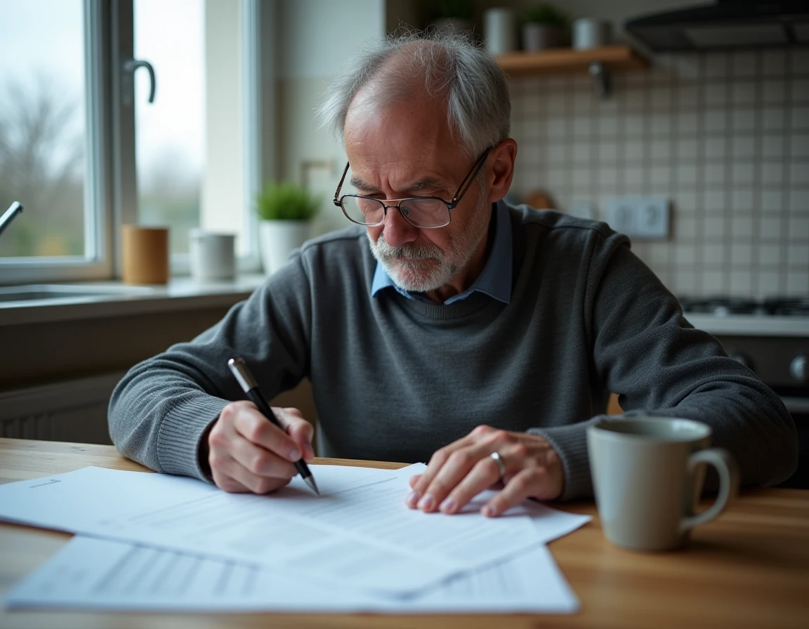 Homme remplissant un formulaire de déclaration de maladie professionnelle à domicile avec checklist