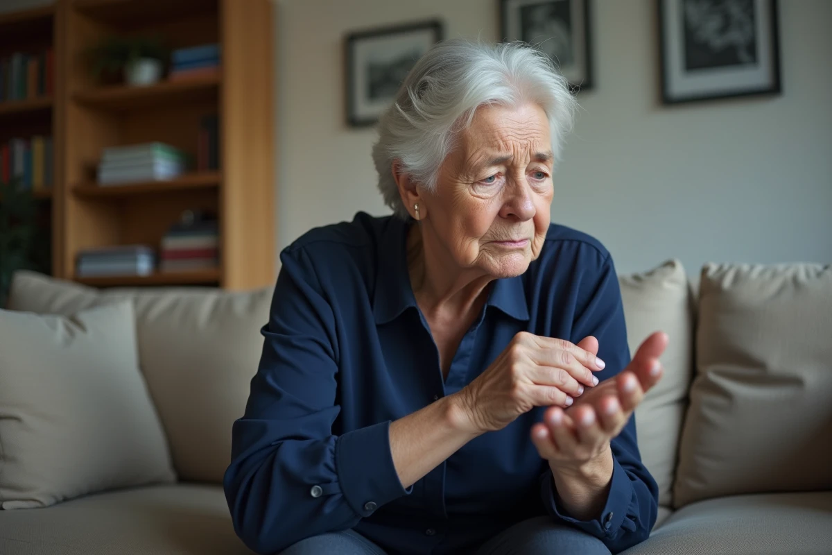 Femme senior examinant sa main avec inquiétude sur un canapé, engourdissement et fourmillements dans les bras liés à un AVC