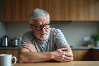 Homme d'âge mûr tenant son bras gauche avec une expression préoccupée, symptôme potentiel d'AVC