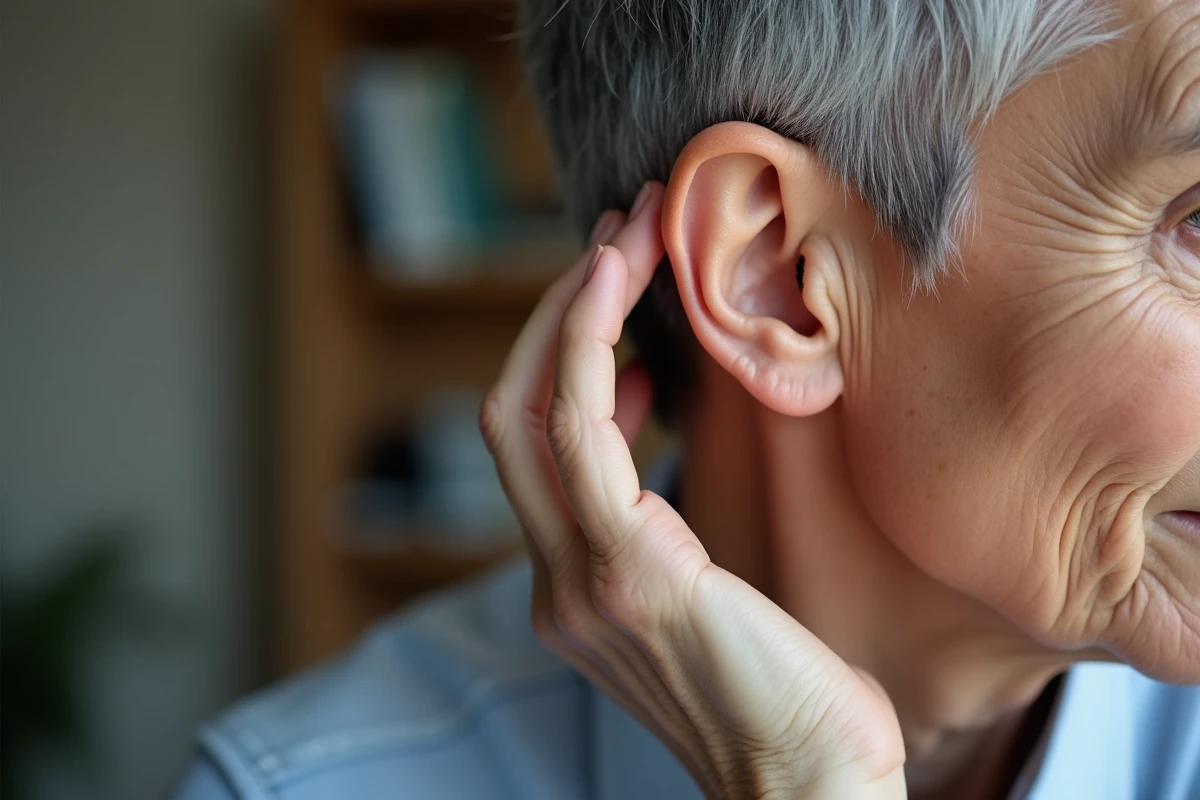 Gros plan sur l'oreille gauche d'une personne, symbolisant les acouphènes et sifflements auriculaires