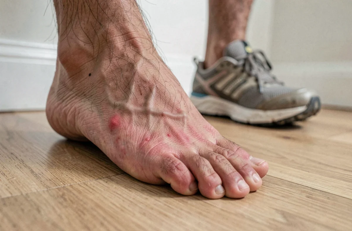 Gros plan sur la plante d'un pied masculin rougi et légèrement enflé après une longue marche, posé sur un parquet en bois