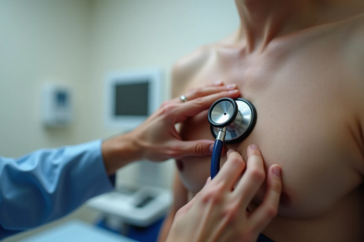 Gros plan du placement précis du stéthoscope sur le thorax d'un patient pour l'auscultation des foyers cardiaques