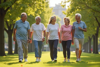 Groupe divers d'adultes et seniors marchant dans un parc ensoleille
