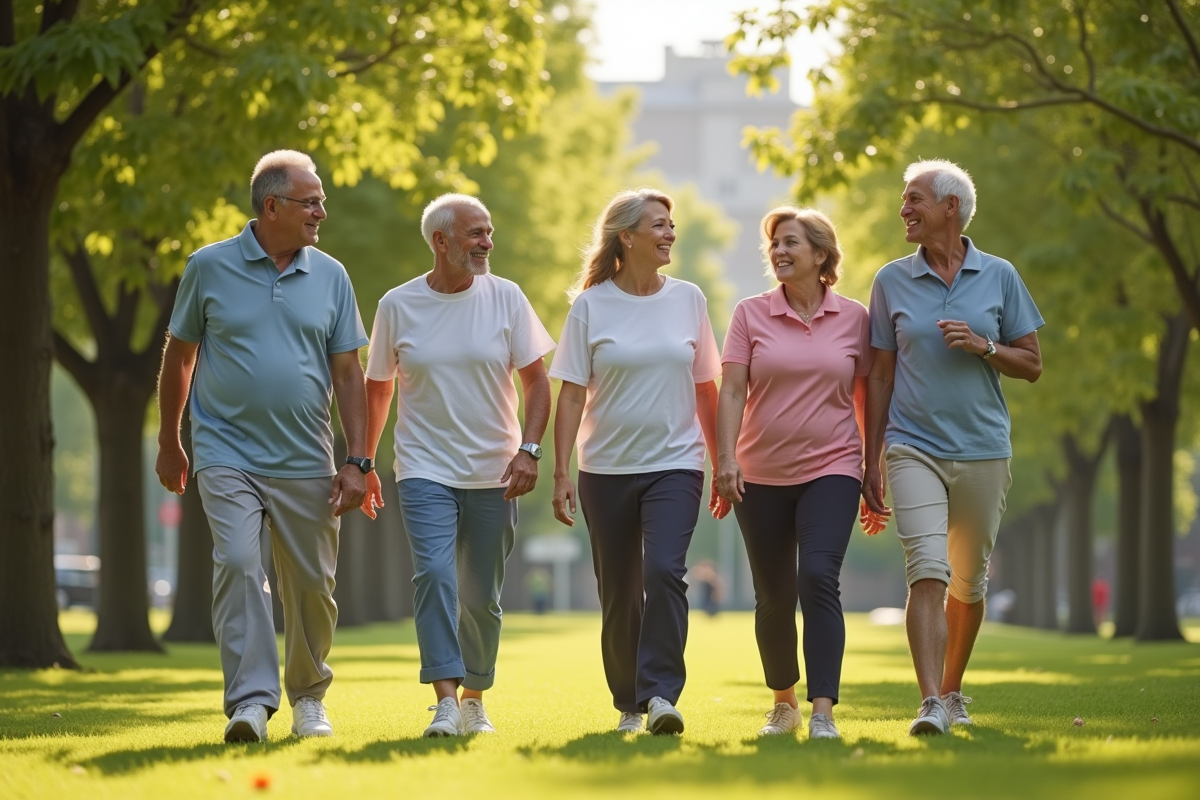 Groupe divers d'adultes et seniors marchant dans un parc ensoleille