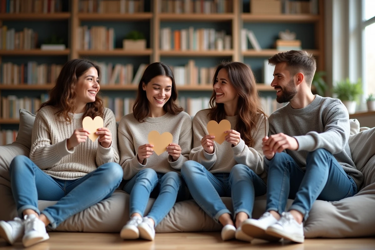 Groupe d amis partageant des cœurs en intérieur