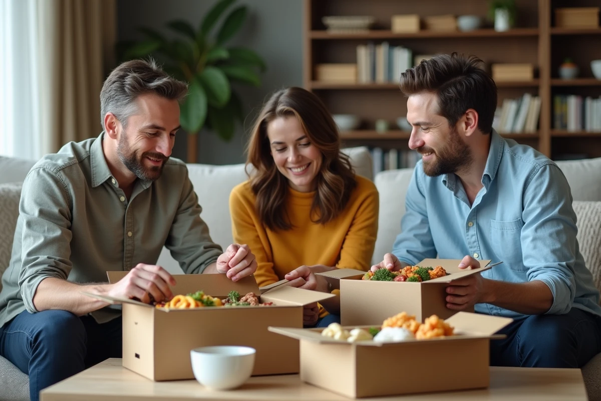 Groupe d amis compare des boxs de diet dans un salon