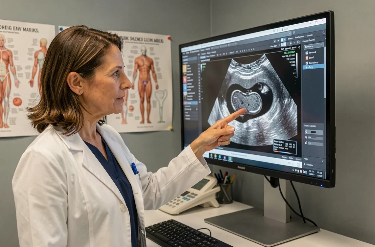 Gynécologue analysant une échographie montrant un kyste ovarien sur écran médical en cabinet de consultation